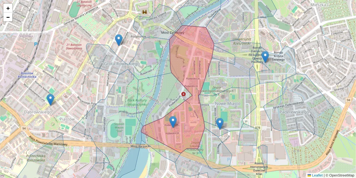 Szczegółowa mapa kodu pocztowego 35-309 z granicami, sąsiednimi kodami pocztowymi i urzędami pocztowymi