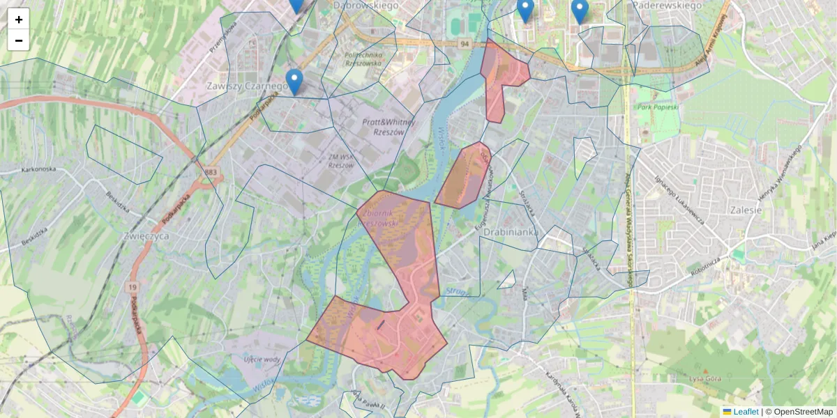 Szczegółowa mapa kodu pocztowego 35-311 z granicami, sąsiednimi kodami pocztowymi i urzędami pocztowymi