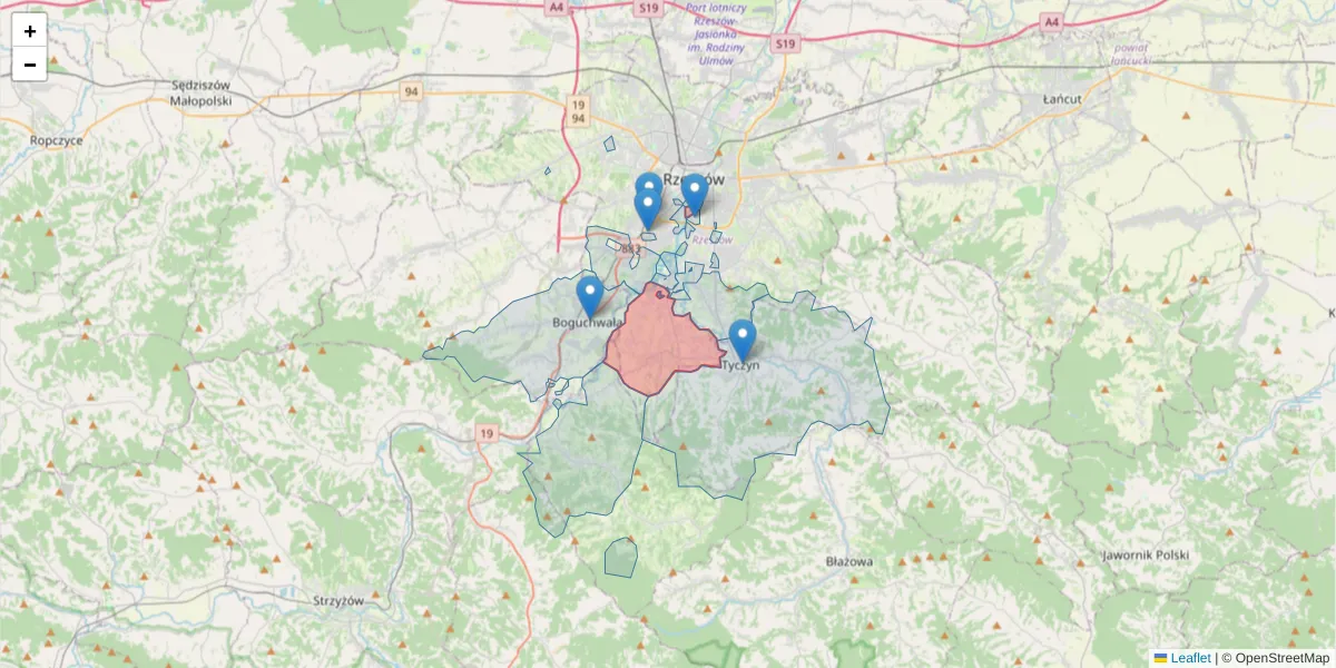 Szczegółowa mapa kodu pocztowego 35-317 z granicami, sąsiednimi kodami pocztowymi i urzędami pocztowymi