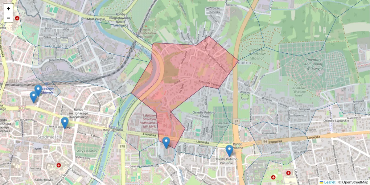 Szczegółowa mapa kodu pocztowego 35-321 z granicami, sąsiednimi kodami pocztowymi i urzędami pocztowymi