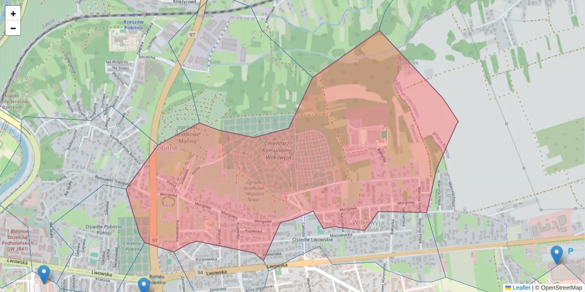 Szczegółowa mapa kodu pocztowego 35-323 z granicami, sąsiednimi kodami pocztowymi i urzędami pocztowymi