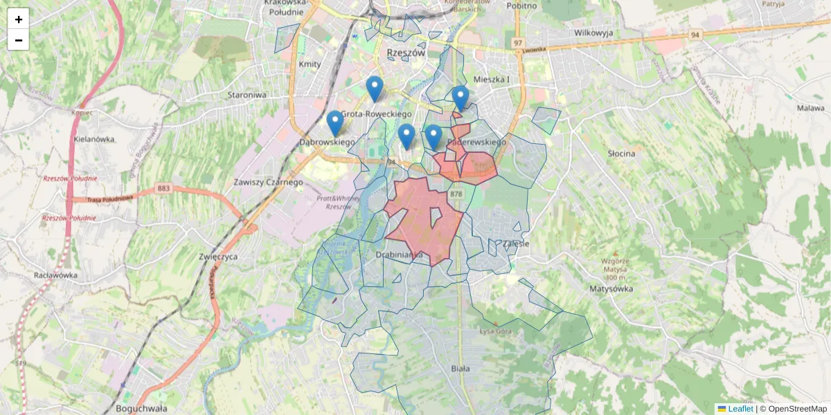 Szczegółowa mapa kodu pocztowego 35-326 z granicami, sąsiednimi kodami pocztowymi i urzędami pocztowymi