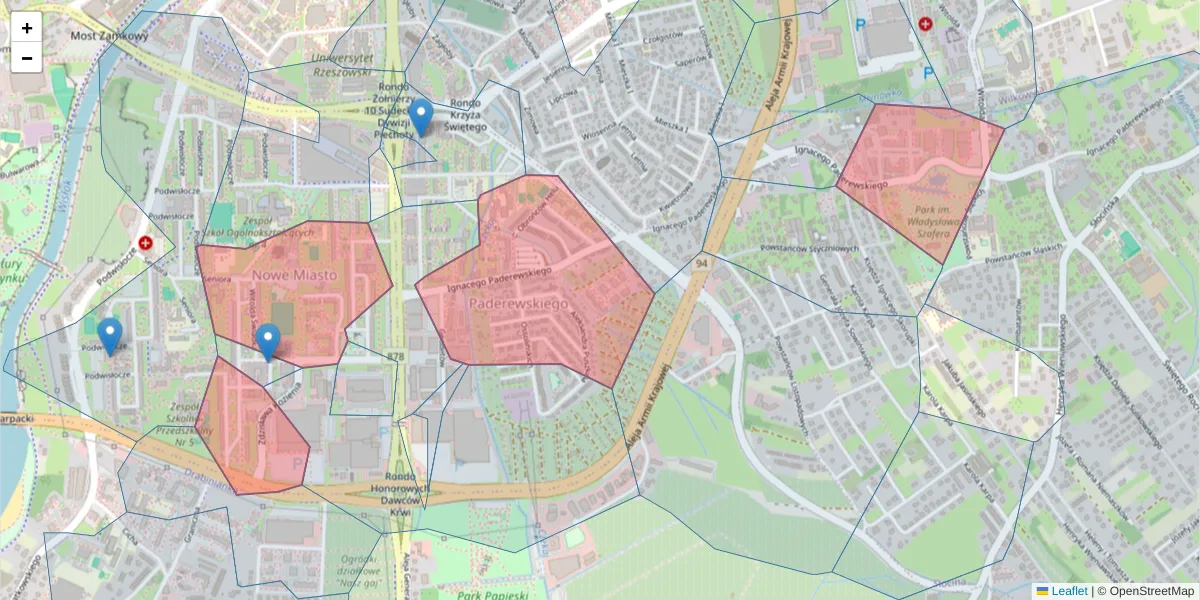 Szczegółowa mapa kodu pocztowego 35-328 z granicami, sąsiednimi kodami pocztowymi i urzędami pocztowymi