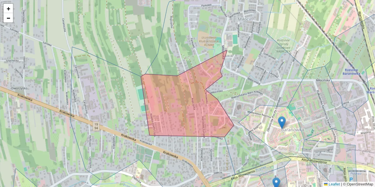 Szczegółowa mapa kodu pocztowego 35-502 z granicami, sąsiednimi kodami pocztowymi i urzędami pocztowymi