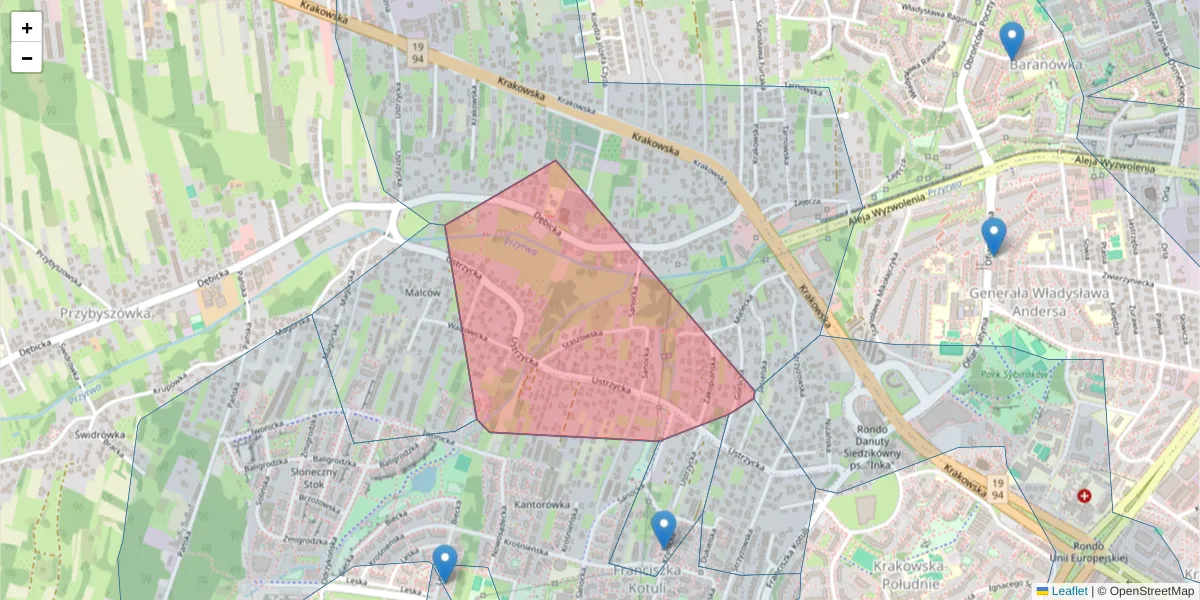 Szczegółowa mapa kodu pocztowego 35-504 z granicami, sąsiednimi kodami pocztowymi i urzędami pocztowymi
