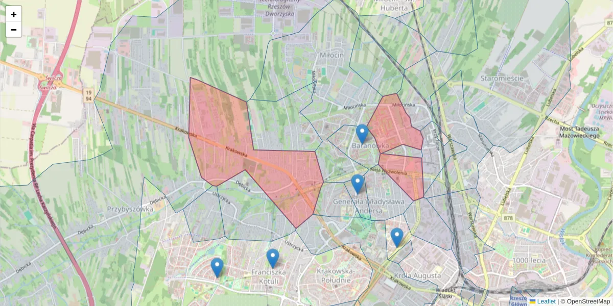 Szczegółowa mapa kodu pocztowego 35-506 z granicami, sąsiednimi kodami pocztowymi i urzędami pocztowymi