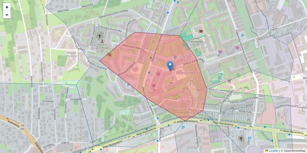 Szczegółowa mapa kodu pocztowego 35-509 z granicami, sąsiednimi kodami pocztowymi i urzędami pocztowymi