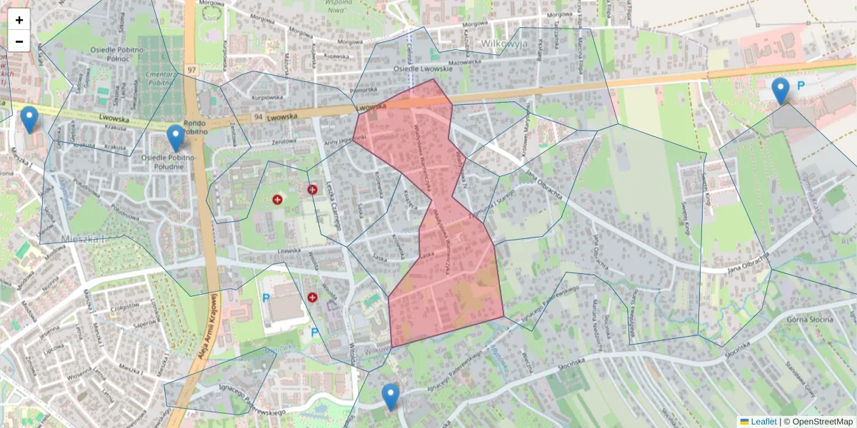 Szczegółowa mapa kodu pocztowego 35-612 z granicami, sąsiednimi kodami pocztowymi i urzędami pocztowymi