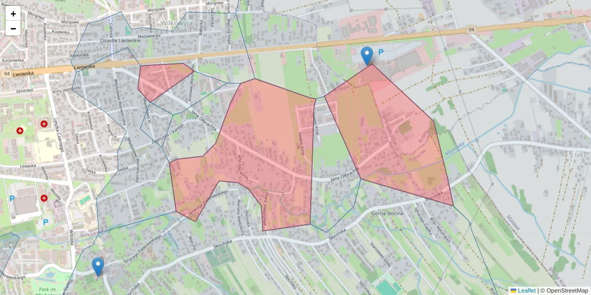 Szczegółowa mapa kodu pocztowego 35-614 z granicami, sąsiednimi kodami pocztowymi i urzędami pocztowymi