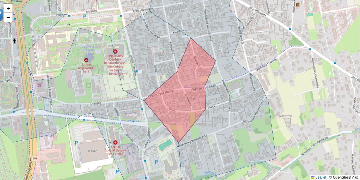 Szczegółowa mapa kodu pocztowego 35-616 z granicami, sąsiednimi kodami pocztowymi i urzędami pocztowymi