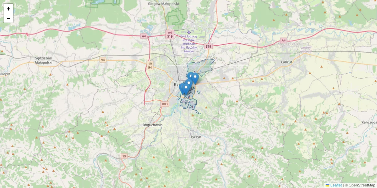 Szczegółowa mapa kodu pocztowego 35-959 z granicami, sąsiednimi kodami pocztowymi i urzędami pocztowymi