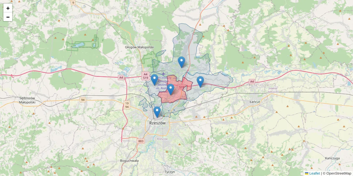 Szczegółowa mapa kodu pocztowego 36-001 z granicami, sąsiednimi kodami pocztowymi i urzędami pocztowymi