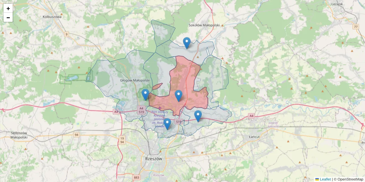 Szczegółowa mapa kodu pocztowego 36-002 z granicami, sąsiednimi kodami pocztowymi i urzędami pocztowymi