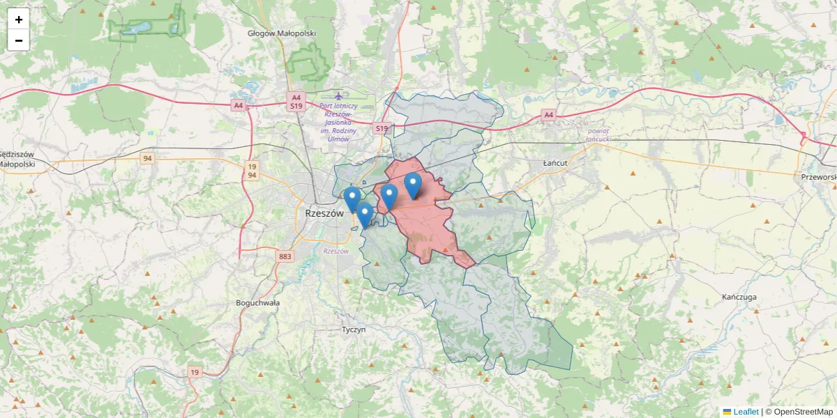 Szczegółowa mapa kodu pocztowego 36-007 z granicami, sąsiednimi kodami pocztowymi i urzędami pocztowymi