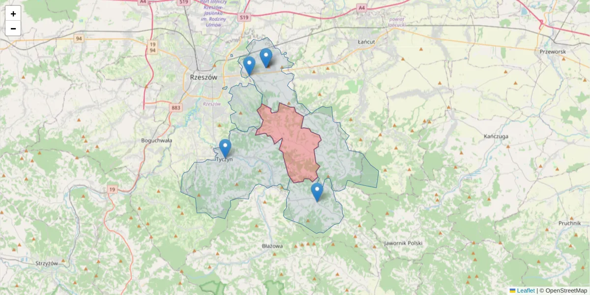 Szczegółowa mapa kodu pocztowego 36-016 z granicami, sąsiednimi kodami pocztowymi i urzędami pocztowymi