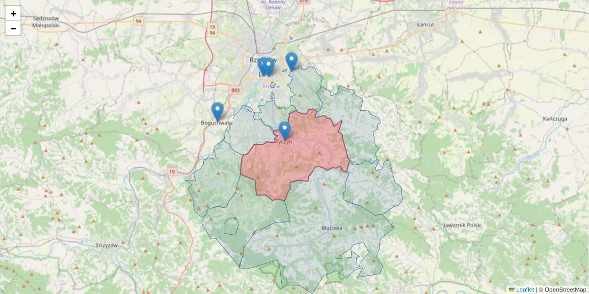 Szczegółowa mapa kodu pocztowego 36-020 z granicami, sąsiednimi kodami pocztowymi i urzędami pocztowymi
