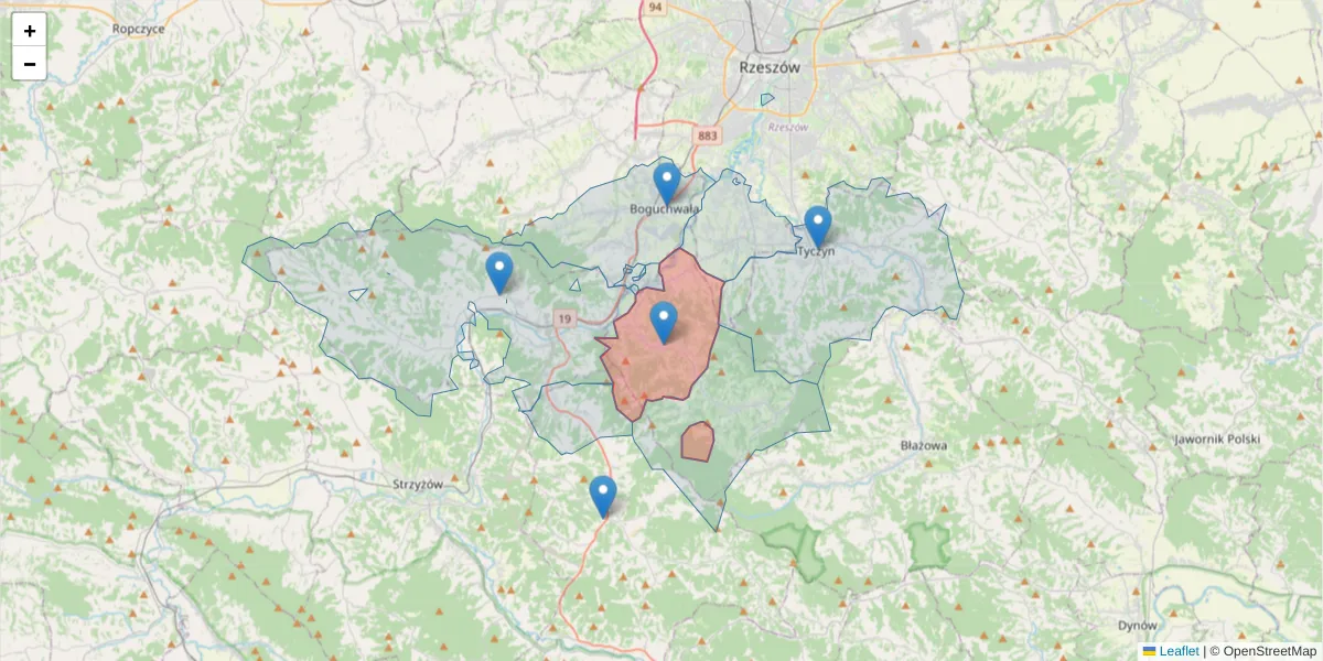 Szczegółowa mapa kodu pocztowego 36-042 z granicami, sąsiednimi kodami pocztowymi i urzędami pocztowymi