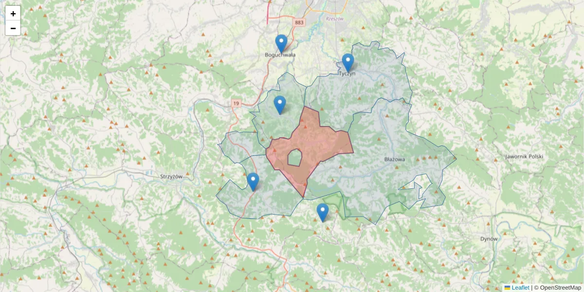 Szczegółowa mapa kodu pocztowego 36-043 z granicami, sąsiednimi kodami pocztowymi i urzędami pocztowymi