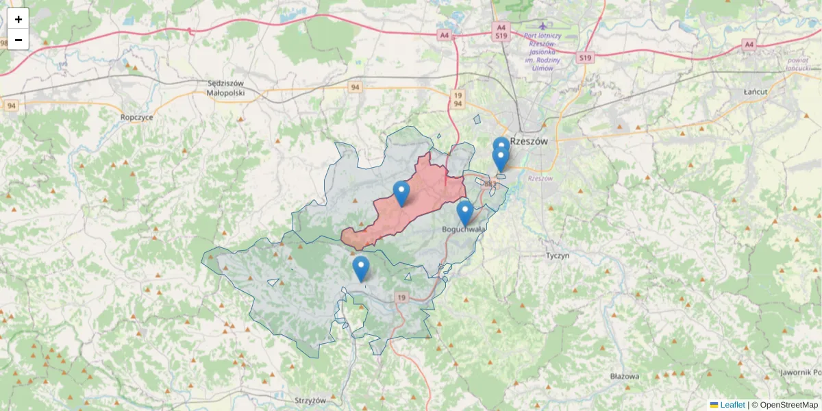 Szczegółowa mapa kodu pocztowego 36-047 z granicami, sąsiednimi kodami pocztowymi i urzędami pocztowymi
