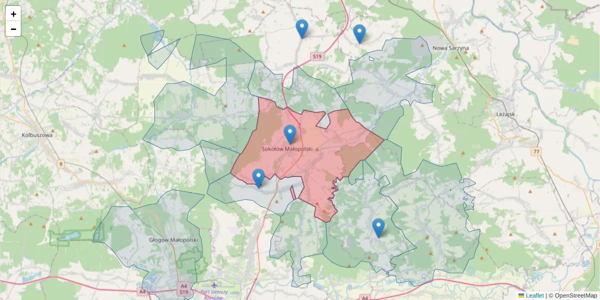Szczegółowa mapa kodu pocztowego 36-050 z granicami, sąsiednimi kodami pocztowymi i urzędami pocztowymi