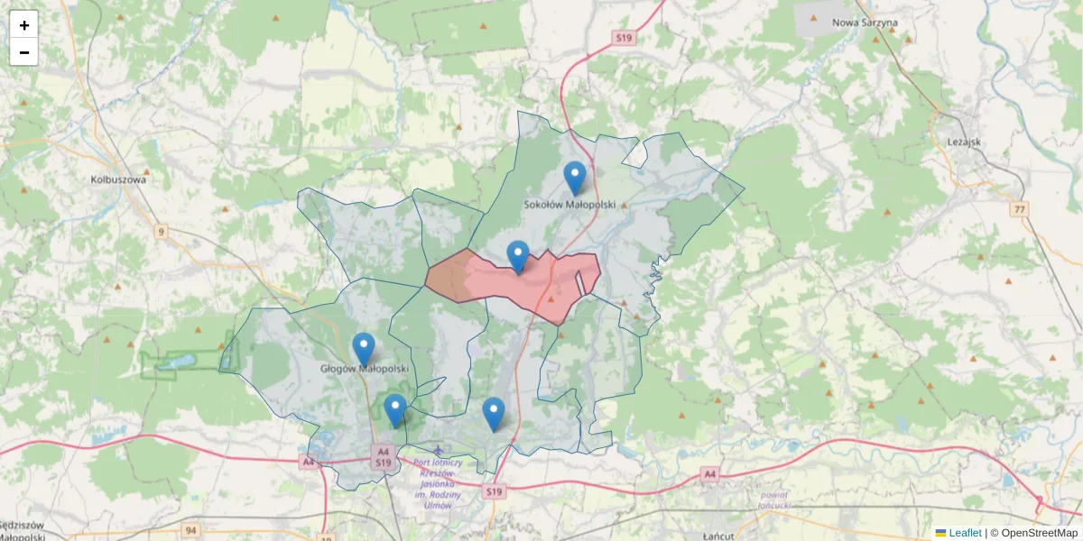 Szczegółowa mapa kodu pocztowego 36-052 z granicami, sąsiednimi kodami pocztowymi i urzędami pocztowymi