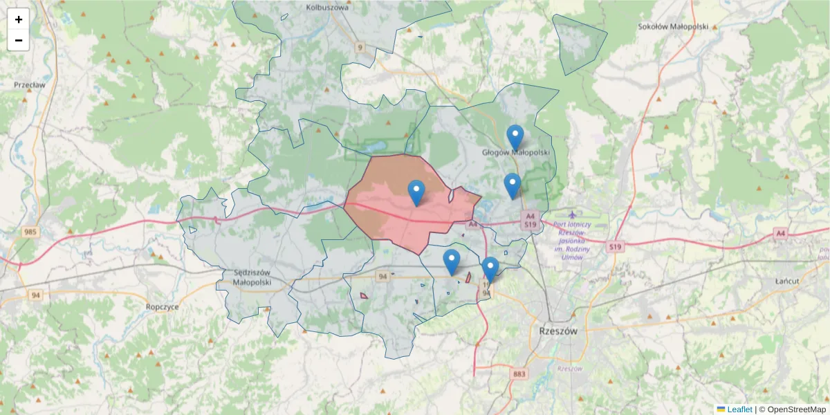 Szczegółowa mapa kodu pocztowego 36-055 z granicami, sąsiednimi kodami pocztowymi i urzędami pocztowymi