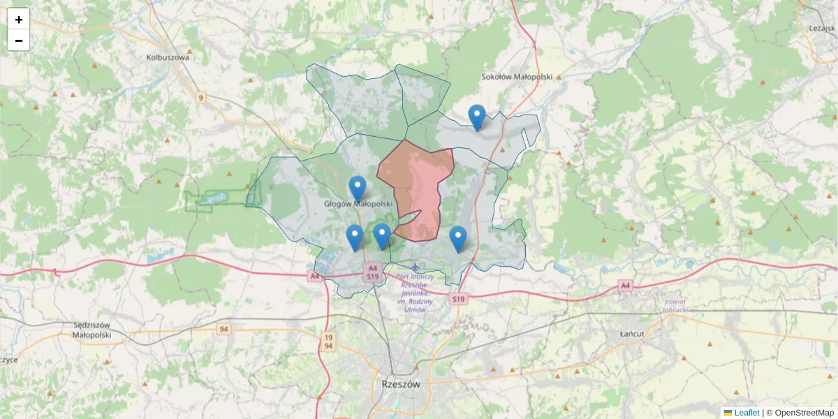 Szczegółowa mapa kodu pocztowego 36-061 z granicami, sąsiednimi kodami pocztowymi i urzędami pocztowymi