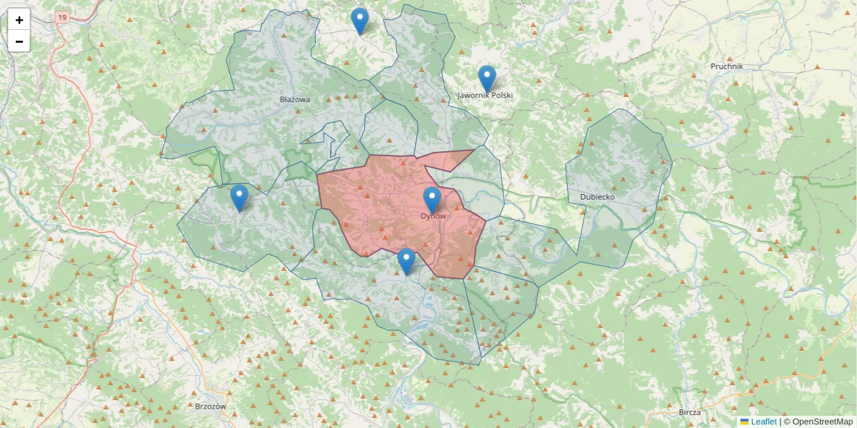 Szczegółowa mapa kodu pocztowego 36-065 z granicami, sąsiednimi kodami pocztowymi i urzędami pocztowymi