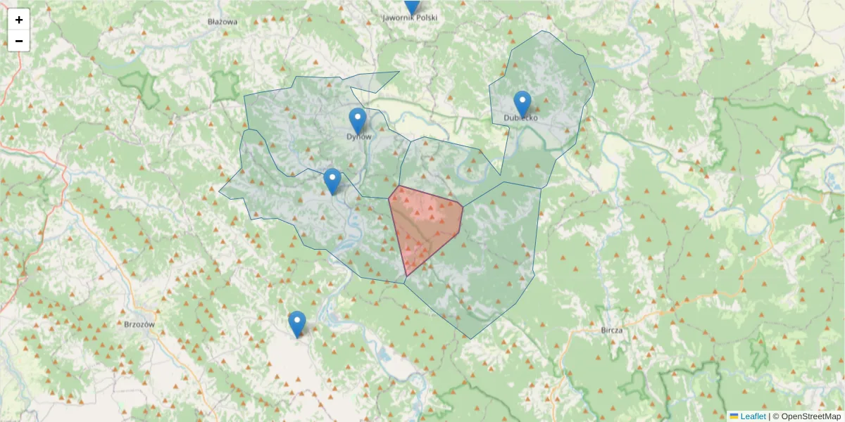 Szczegółowa mapa kodu pocztowego 36-069 z granicami, sąsiednimi kodami pocztowymi i urzędami pocztowymi