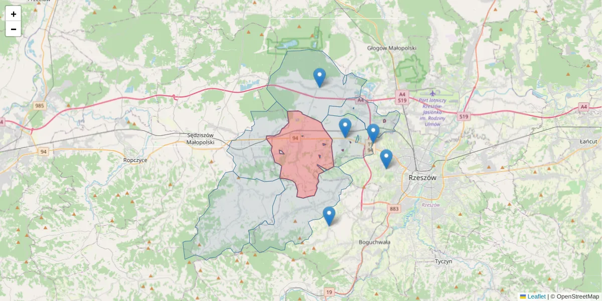 Szczegółowa mapa kodu pocztowego 36-071 z granicami, sąsiednimi kodami pocztowymi i urzędami pocztowymi