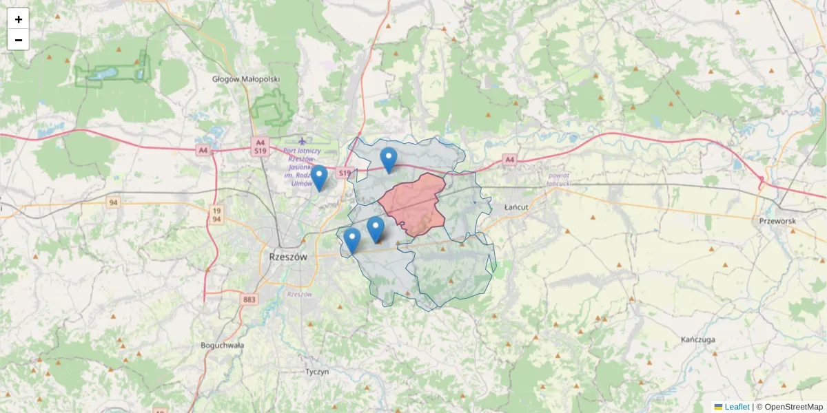 Szczegółowa mapa kodu pocztowego 36-073 z granicami, sąsiednimi kodami pocztowymi i urzędami pocztowymi