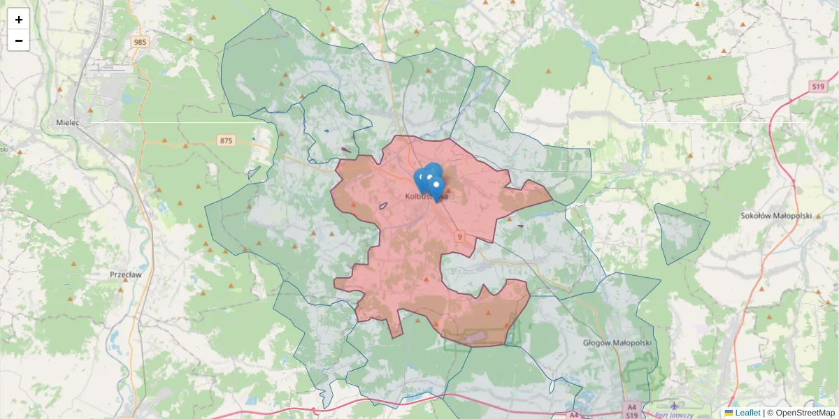 Szczegółowa mapa kodu pocztowego 36-100 z granicami, sąsiednimi kodami pocztowymi i urzędami pocztowymi