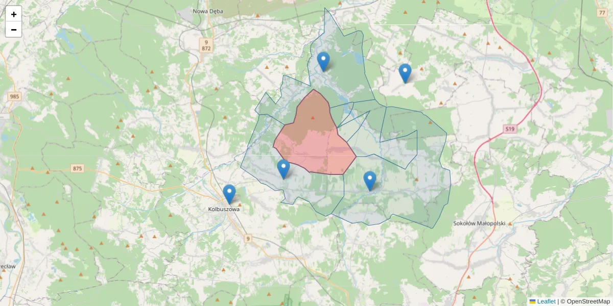 Szczegółowa mapa kodu pocztowego 36-123 z granicami, sąsiednimi kodami pocztowymi i urzędami pocztowymi