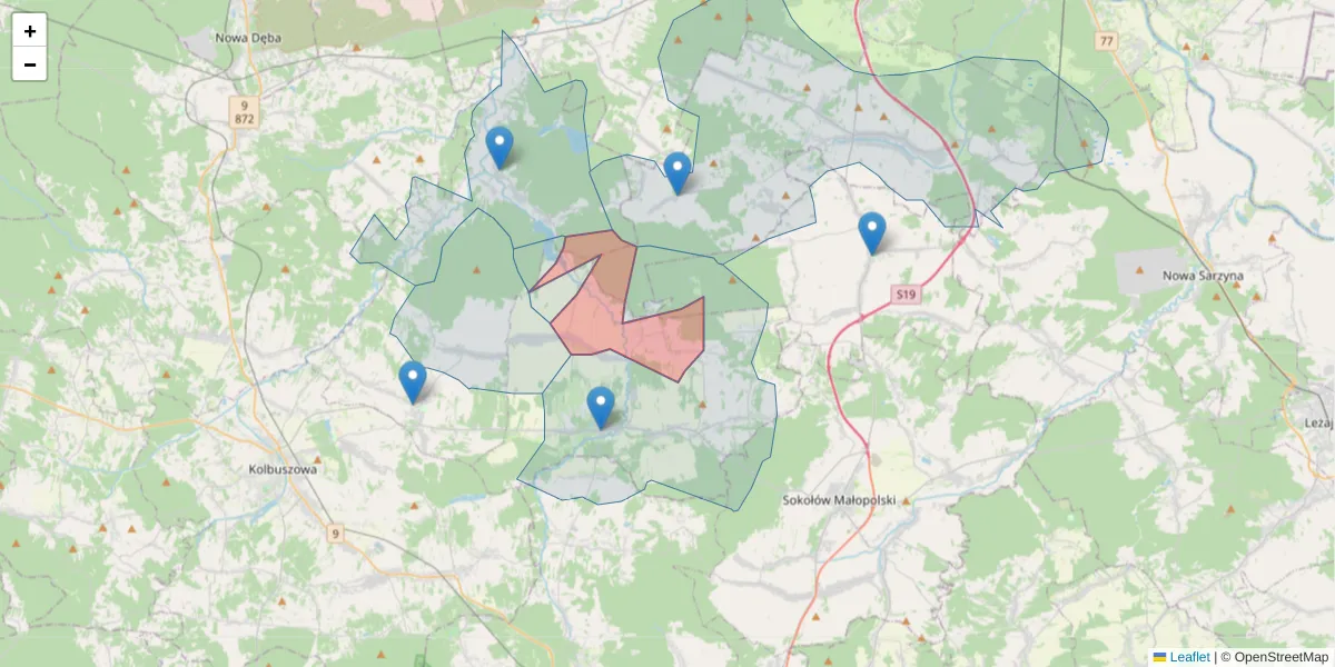 Szczegółowa mapa kodu pocztowego 36-125 z granicami, sąsiednimi kodami pocztowymi i urzędami pocztowymi