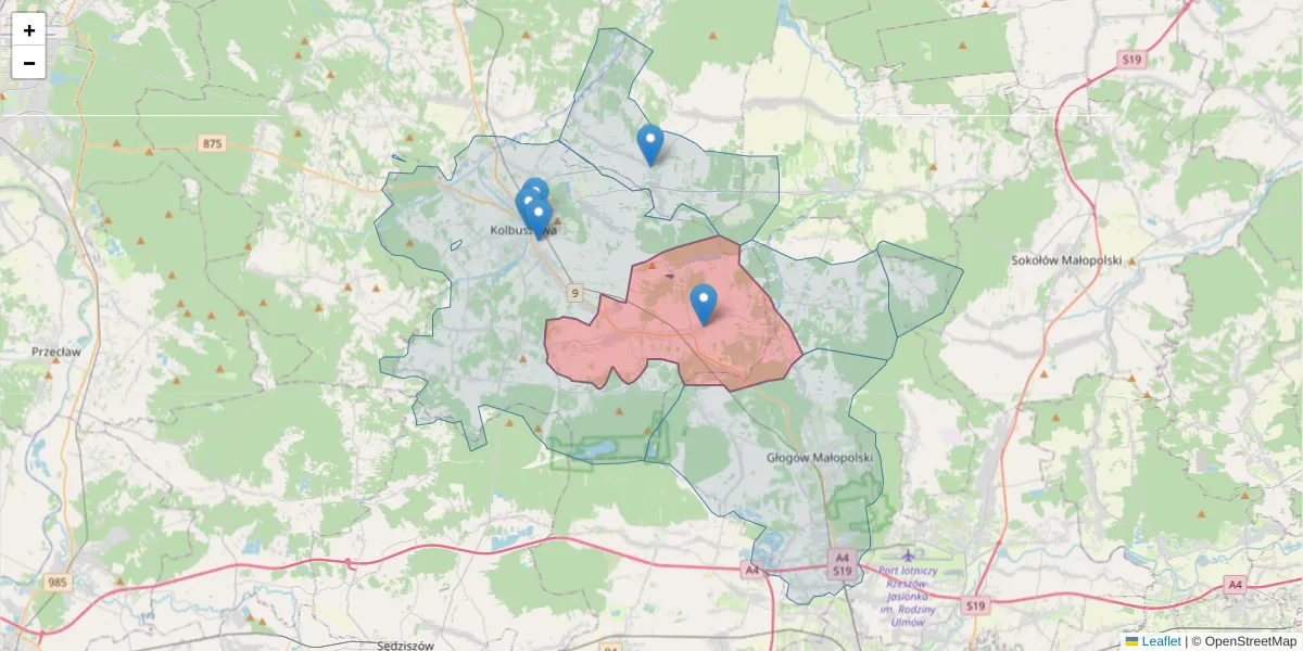 Szczegółowa mapa kodu pocztowego 36-145 z granicami, sąsiednimi kodami pocztowymi i urzędami pocztowymi