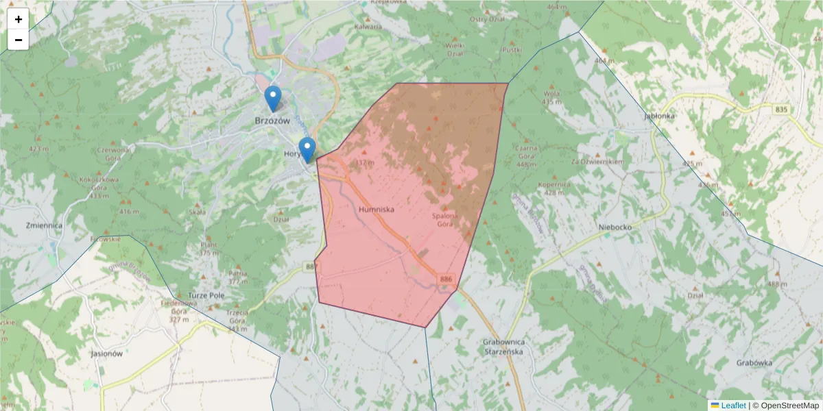 Szczegółowa mapa kodu pocztowego 36-206 z granicami, sąsiednimi kodami pocztowymi i urzędami pocztowymi