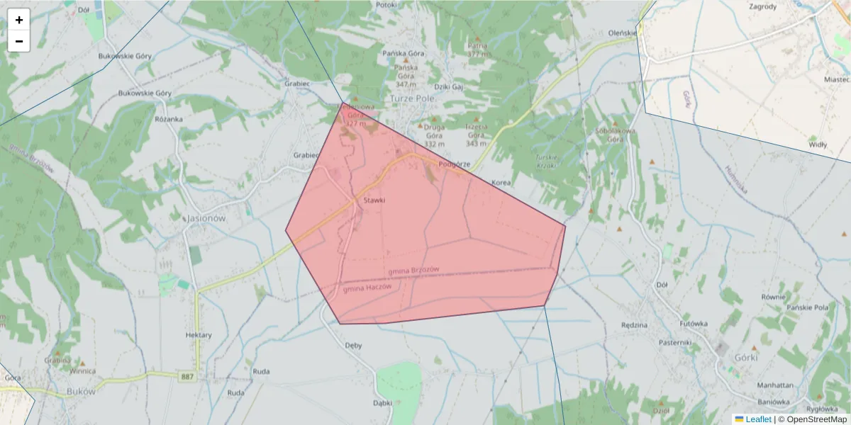 Szczegółowa mapa kodu pocztowego 36-211 z granicami, sąsiednimi kodami pocztowymi i urzędami pocztowymi