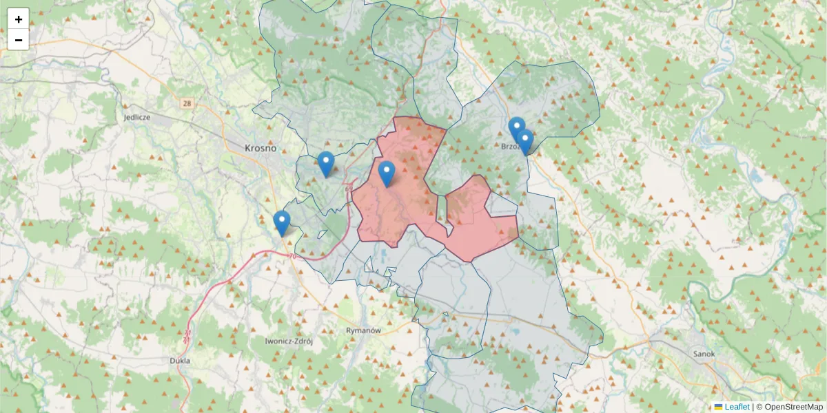 Szczegółowa mapa kodu pocztowego 36-213 z granicami, sąsiednimi kodami pocztowymi i urzędami pocztowymi