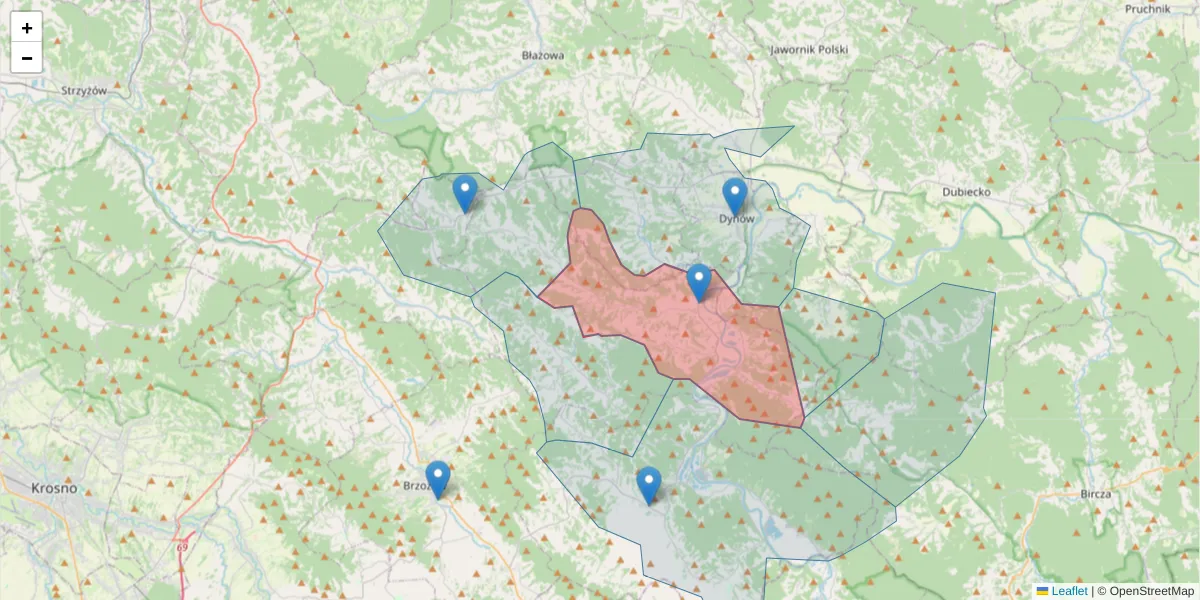 Szczegółowa mapa kodu pocztowego 36-245 z granicami, sąsiednimi kodami pocztowymi i urzędami pocztowymi