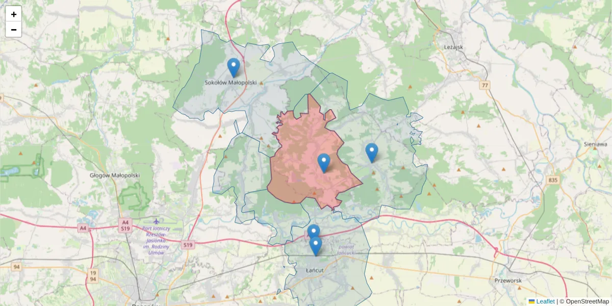 Szczegółowa mapa kodu pocztowego 37-111 z granicami, sąsiednimi kodami pocztowymi i urzędami pocztowymi