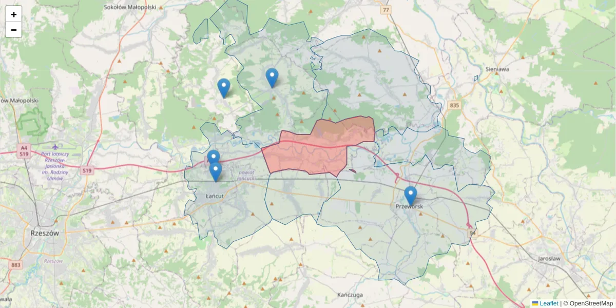 Szczegółowa mapa kodu pocztowego 37-114 z granicami, sąsiednimi kodami pocztowymi i urzędami pocztowymi