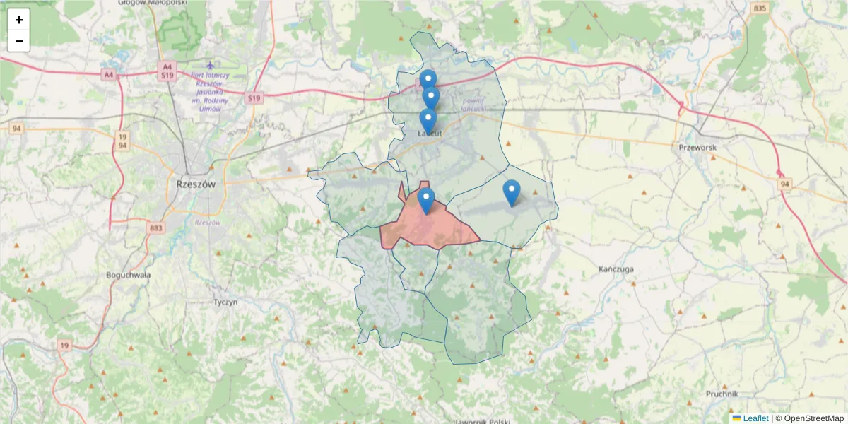 Szczegółowa mapa kodu pocztowego 37-122 z granicami, sąsiednimi kodami pocztowymi i urzędami pocztowymi