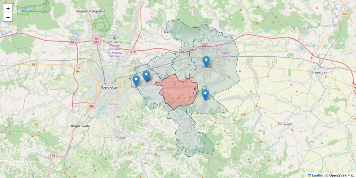 Szczegółowa mapa kodu pocztowego 37-124 z granicami, sąsiednimi kodami pocztowymi i urzędami pocztowymi