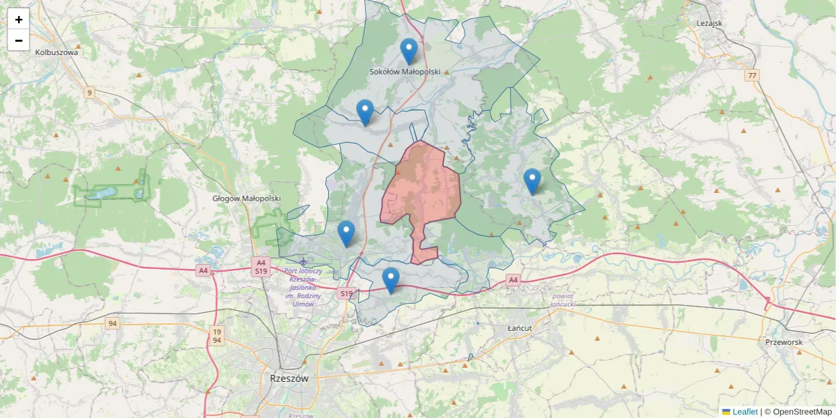 Szczegółowa mapa kodu pocztowego 37-126 z granicami, sąsiednimi kodami pocztowymi i urzędami pocztowymi