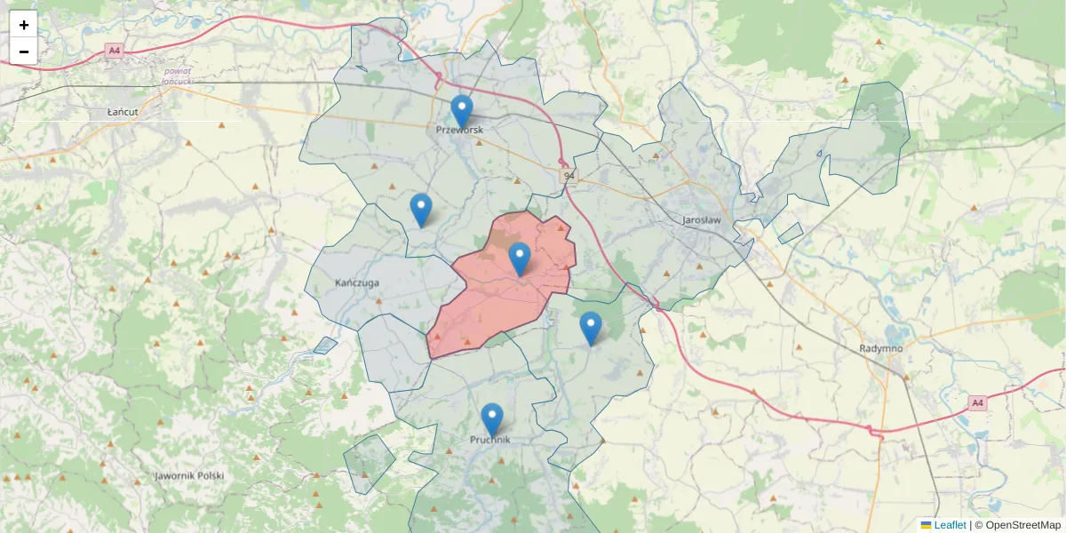 Szczegółowa mapa kodu pocztowego 37-205 z granicami, sąsiednimi kodami pocztowymi i urzędami pocztowymi
