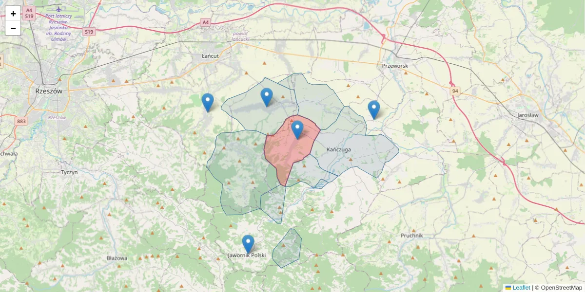 Szczegółowa mapa kodu pocztowego 37-206 z granicami, sąsiednimi kodami pocztowymi i urzędami pocztowymi