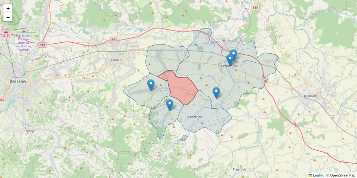 Szczegółowa mapa kodu pocztowego 37-207 z granicami, sąsiednimi kodami pocztowymi i urzędami pocztowymi