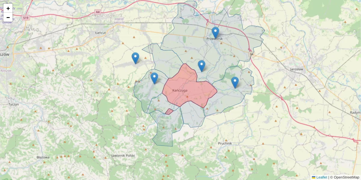 Szczegółowa mapa kodu pocztowego 37-220 z granicami, sąsiednimi kodami pocztowymi i urzędami pocztowymi