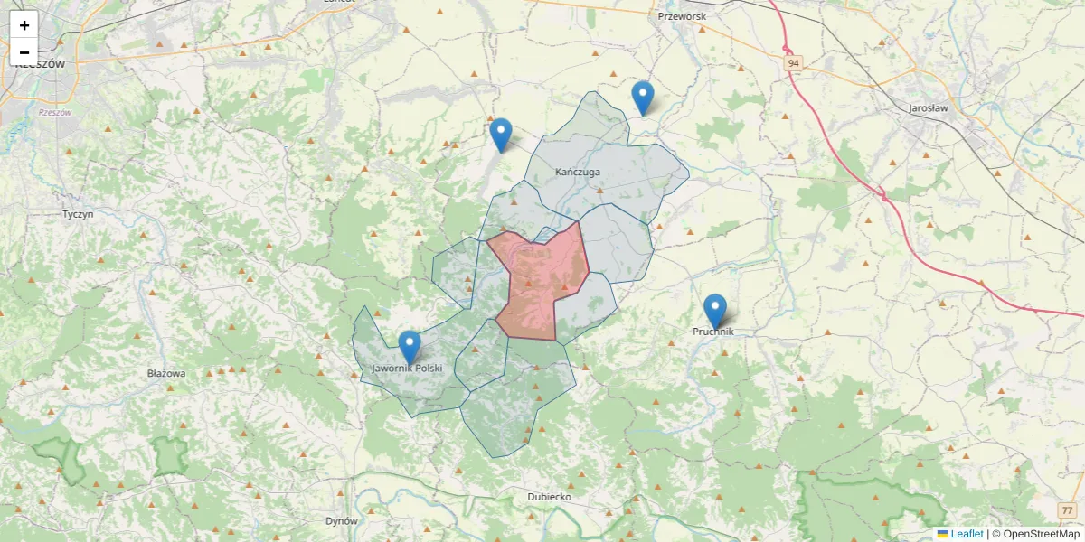Szczegółowa mapa kodu pocztowego 37-222 z granicami, sąsiednimi kodami pocztowymi i urzędami pocztowymi