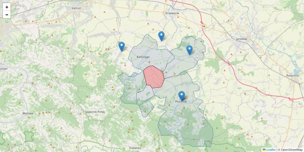 Szczegółowa mapa kodu pocztowego 37-224 z granicami, sąsiednimi kodami pocztowymi i urzędami pocztowymi